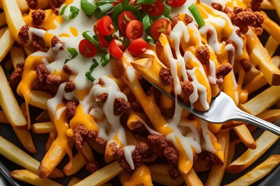 A platter of crispy homemade loaded fries topped with a creamy cheese sauce, bacon, and green onions.