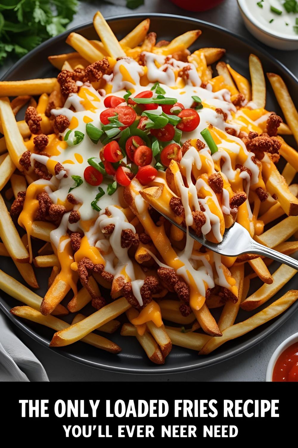 A platter of crispy homemade loaded fries topped with a creamy cheese sauce, bacon, and green onions.