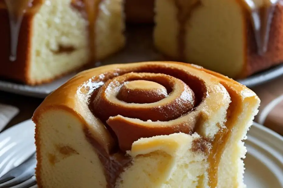 A golden-brown honey bun cake in a baking dish with a slice removed to show the gooey cinnamon swirl inside.