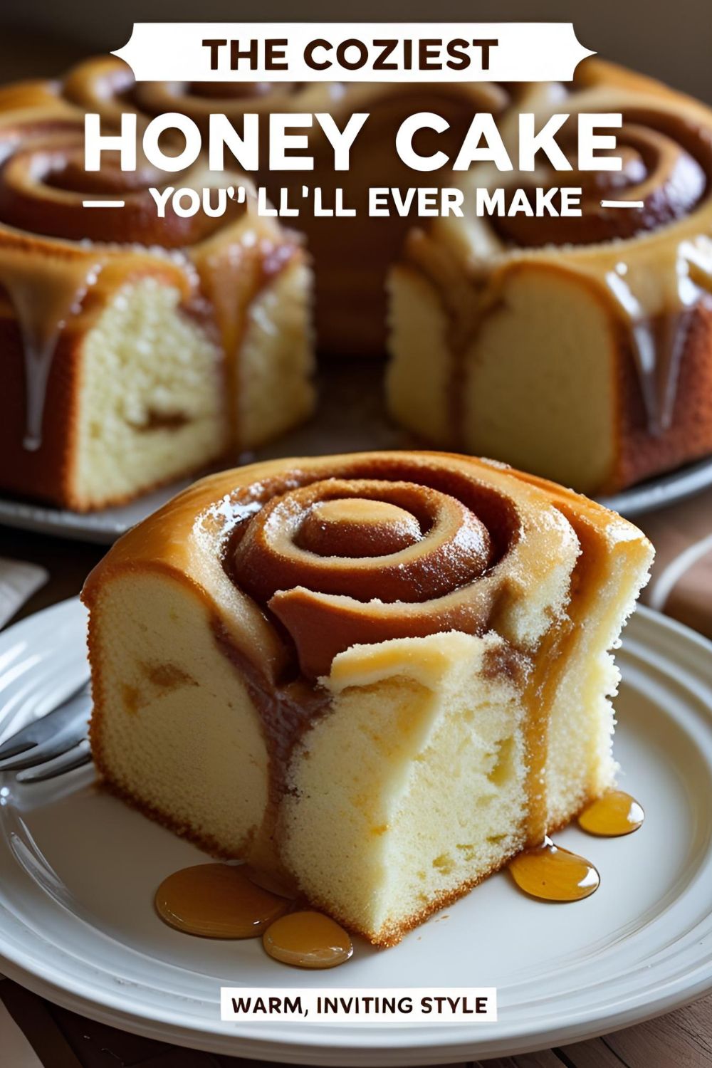 A golden-brown honey bun cake in a baking dish with a slice removed to show the gooey cinnamon swirl inside.