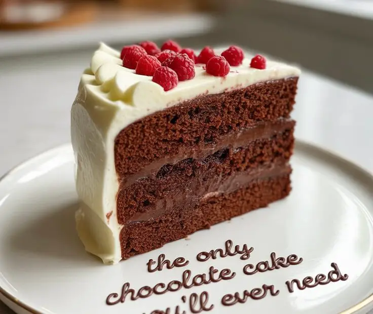 A rich, dark slice of moist chocolate cake with chocolate buttercream frosting on a plate.
