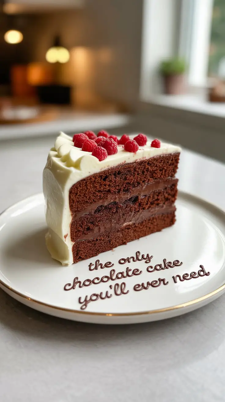 A rich, dark slice of moist chocolate cake with chocolate buttercream frosting on a plate.