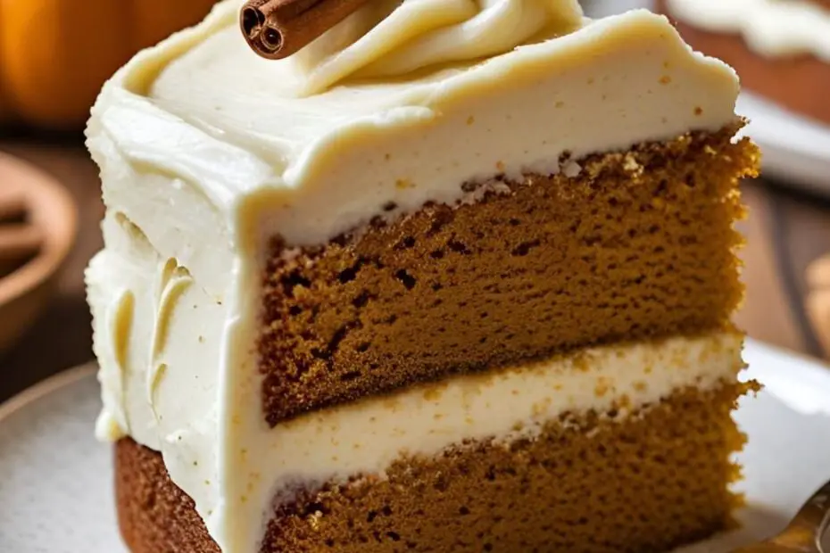 A delicious slice of moist pumpkin spice cake with a thick layer of cream cheese frosting on a plate.