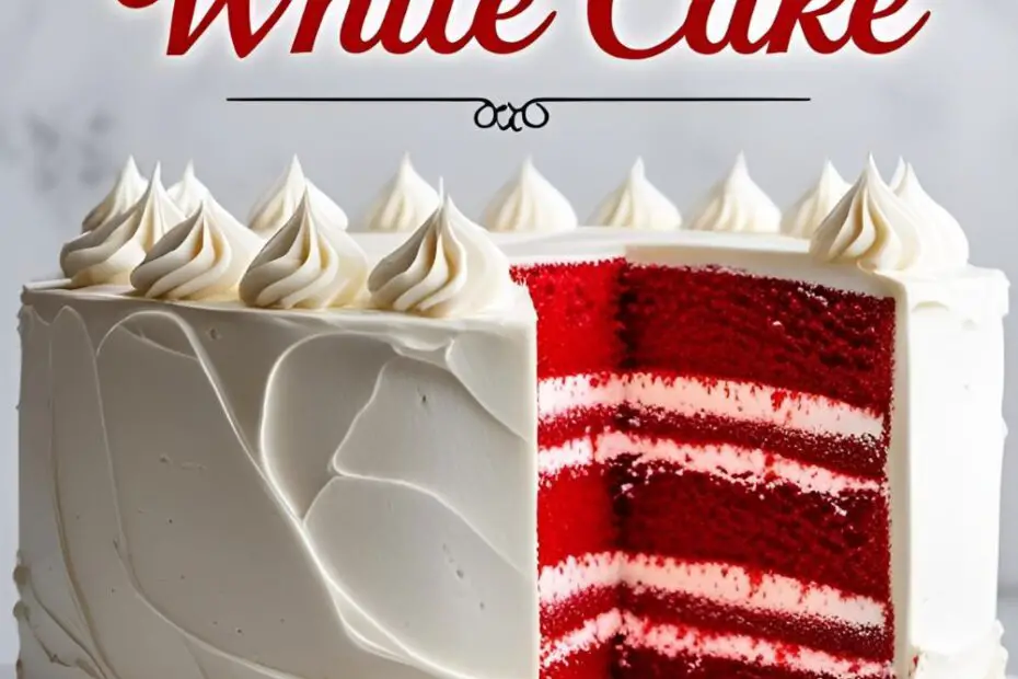 A stunning red velvet cake with a slice removed, with the text overlay "The Ultimate Red and White Cake."