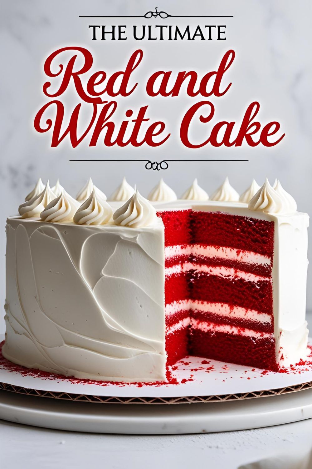 A stunning red velvet cake with a slice removed, with the text overlay "The Ultimate Red and White Cake."
