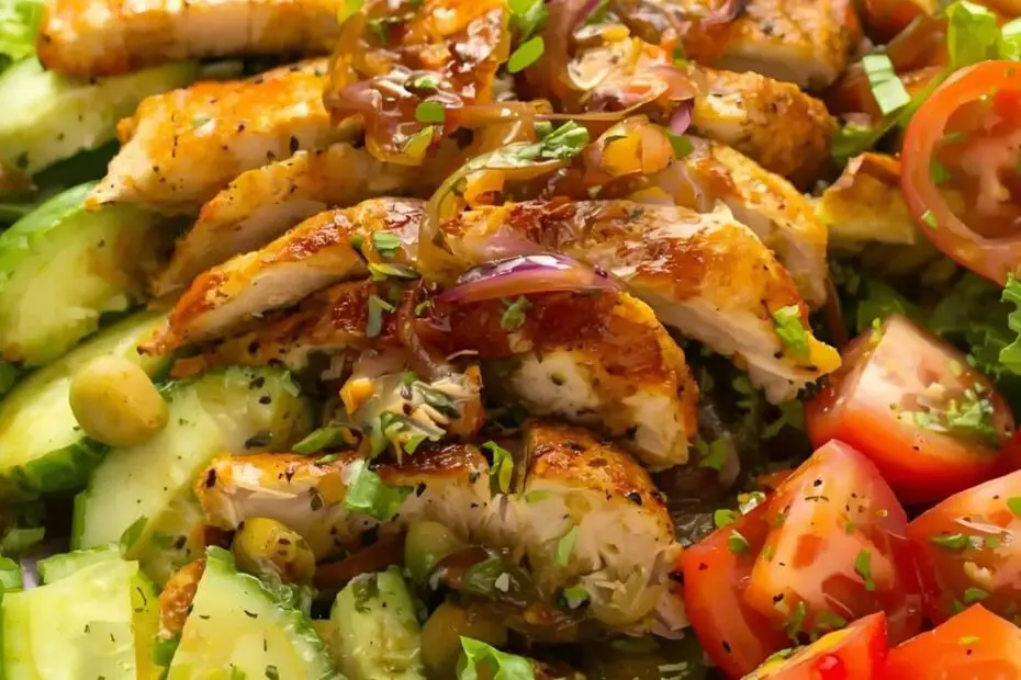A vibrant and colorful salad with grilled chicken, with the text "The Ultimate Chicken Salad."