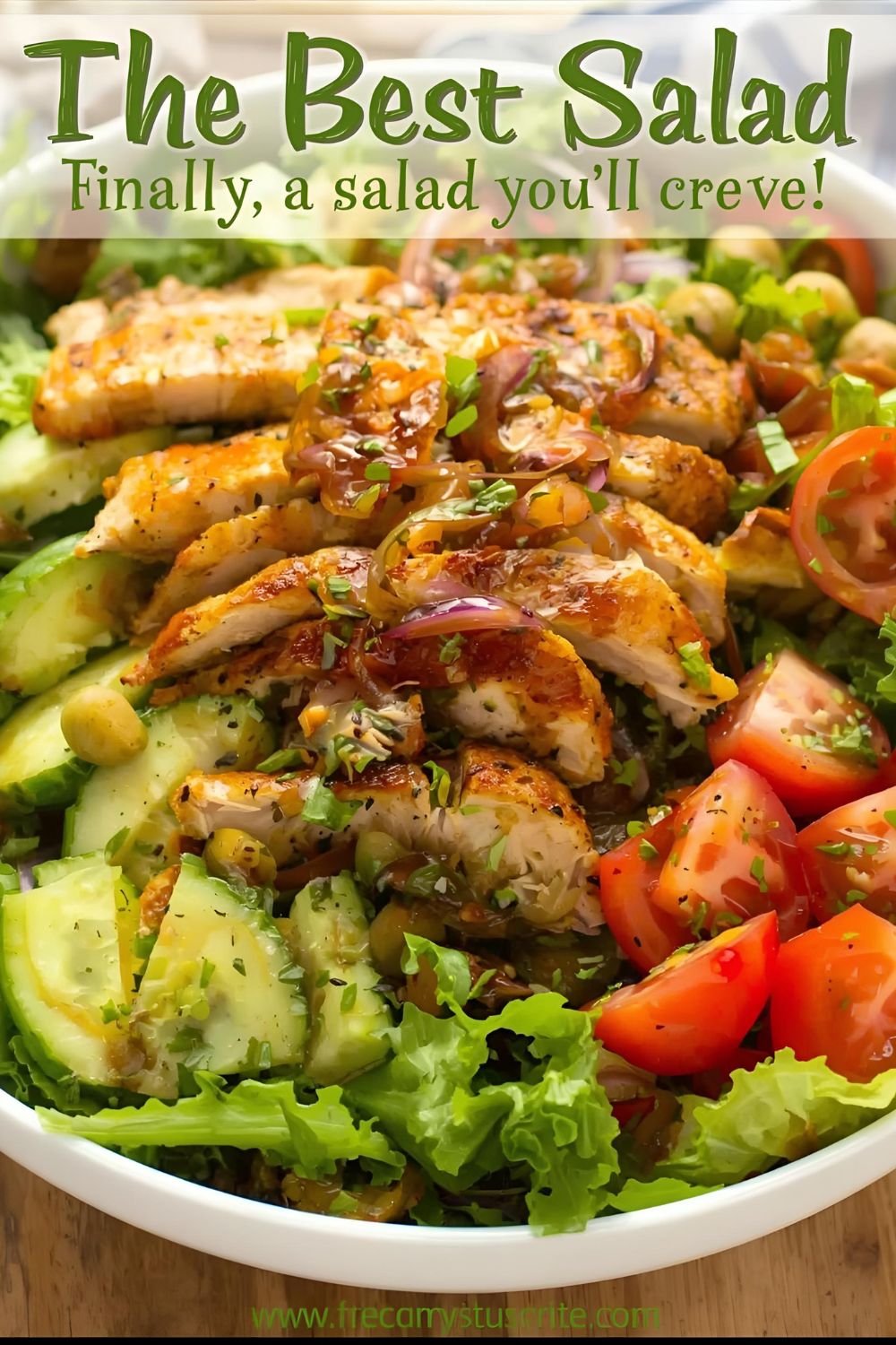 A vibrant and colorful salad with grilled chicken, with the text "The Ultimate Chicken Salad."