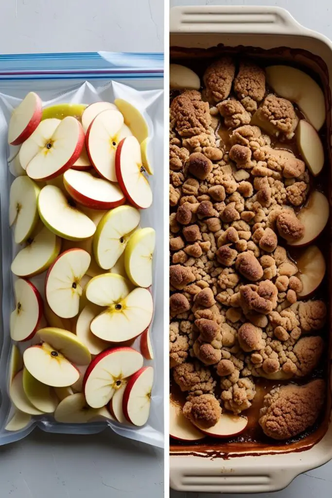 A bag of perfectly frozen apple slices and a delicious, freshly baked apple crisp made from them.