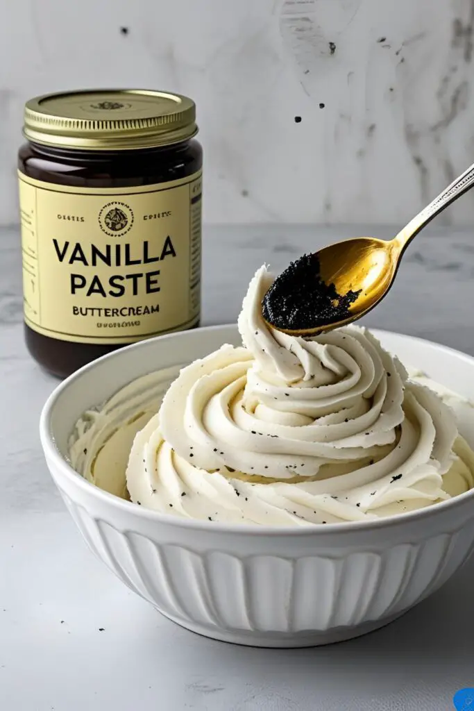 A jar of homemade vanilla paste next to a bowl of buttercream, showing the paste being mixed in.