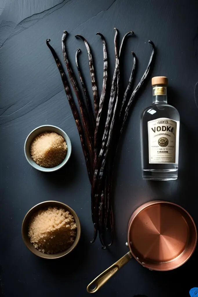 A flat-lay image showing the ingredients for making vanilla bean paste: whole vanilla beans, sugar, water, and vodka.