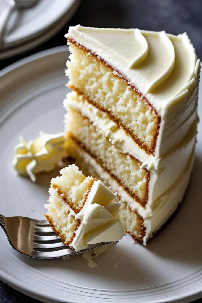  A detailed close-up shot of a slice of vanilla cake, showing the moist, tender crumb and layers of fluffy buttercream.