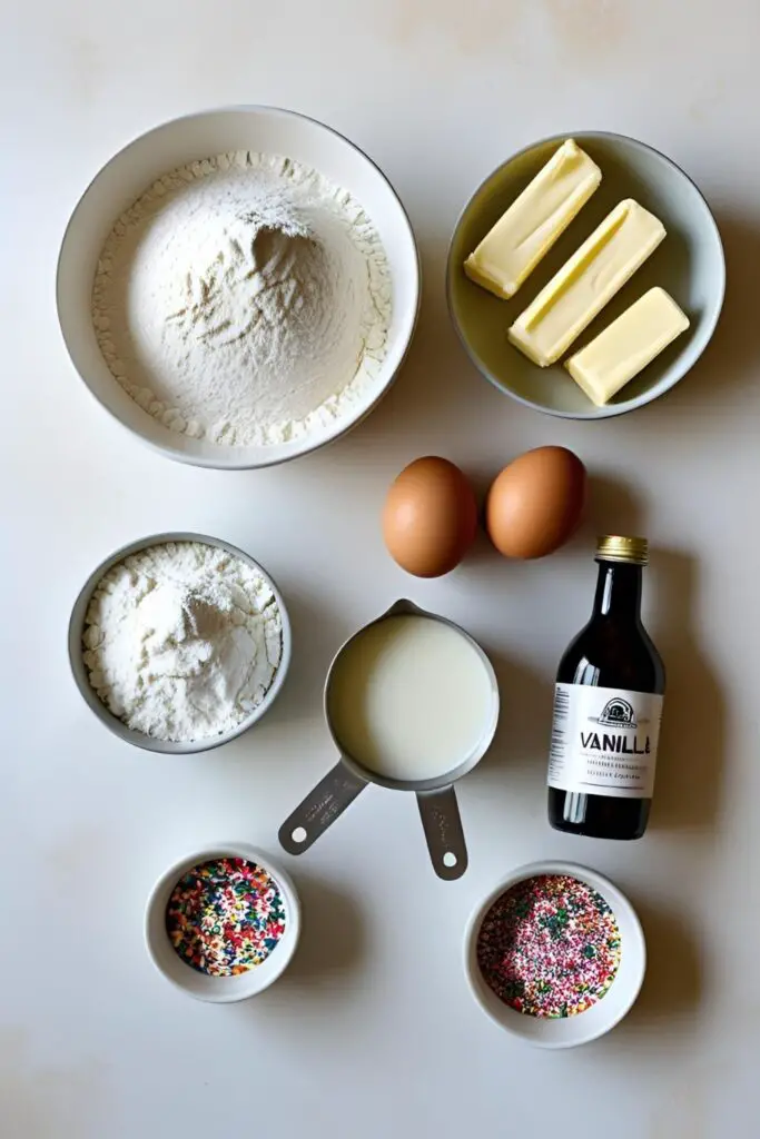 The ingredients for making vanilla cupcakes from scratch, including flour, butter, eggs, and sprinkles, arranged in a neat flat lay.