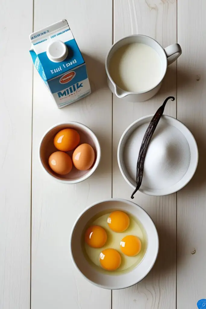 Ingredients for making homemade vanilla custard from scratch, including milk, cream, egg yolks, and a vanilla bean, arranged in a flat lay.