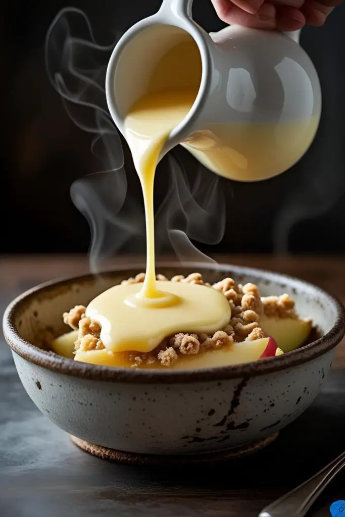 Warm homemade vanilla custard sauce being poured over a serving of apple crumble.