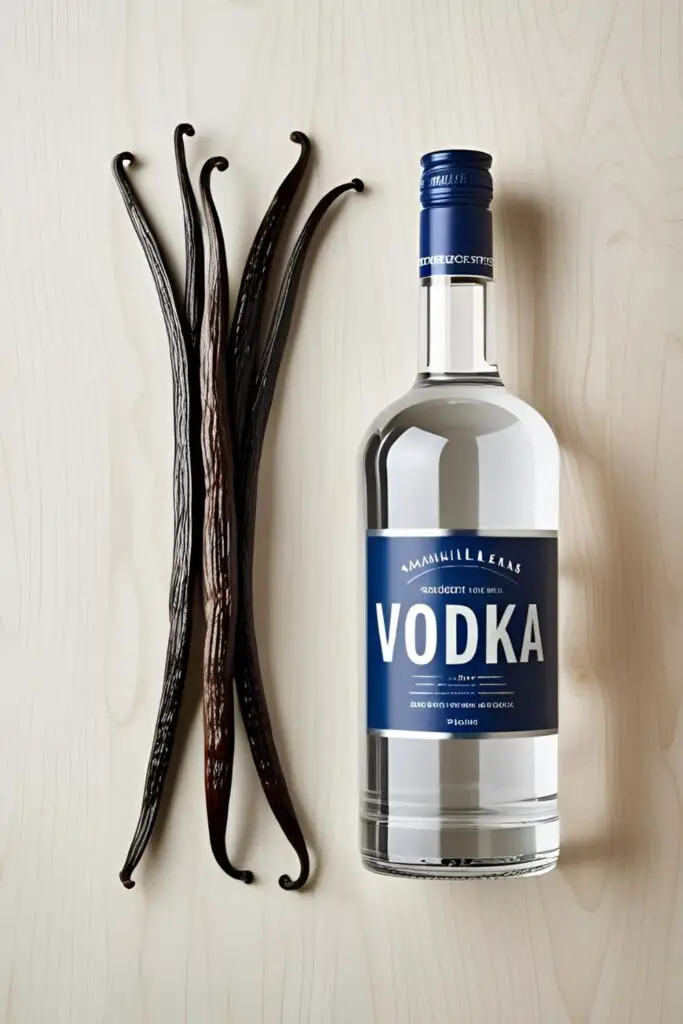 A flat lay showing the two ingredients for making vanilla extract: a bundle of vanilla beans and a bottle of vodka