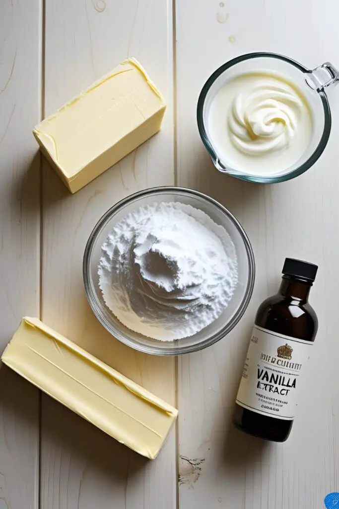 A flat-lay image displaying the ingredients for vanilla frosting: butter, powdered sugar, cream, and vanilla extract.