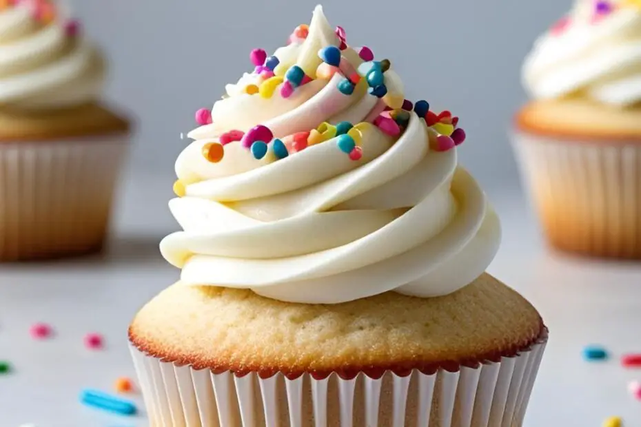 A perfect vanilla cupcake with frosting and sprinkles, with a text overlay that says "How to Make Vanilla Cupcakes".