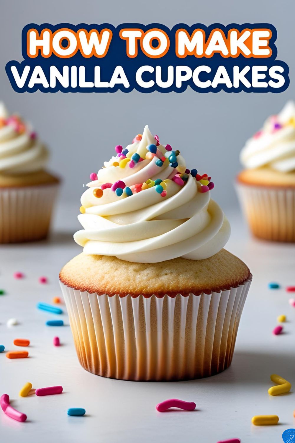 A perfect vanilla cupcake with frosting and sprinkles, with a text overlay that says "How to Make Vanilla Cupcakes".
