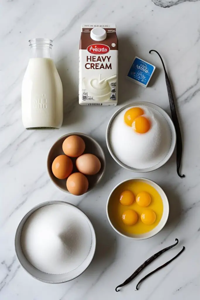 A flat-lay image showing the ingredients for homemade vanilla ice cream: cream, milk, egg yolks, sugar, and a vanilla bean.