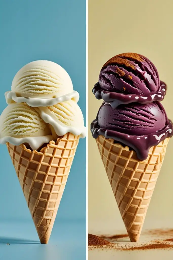 Two variations of homemade vanilla ice cream: classic vanilla bean and a spicy Aztec chocolate version, served in waffle cones.
