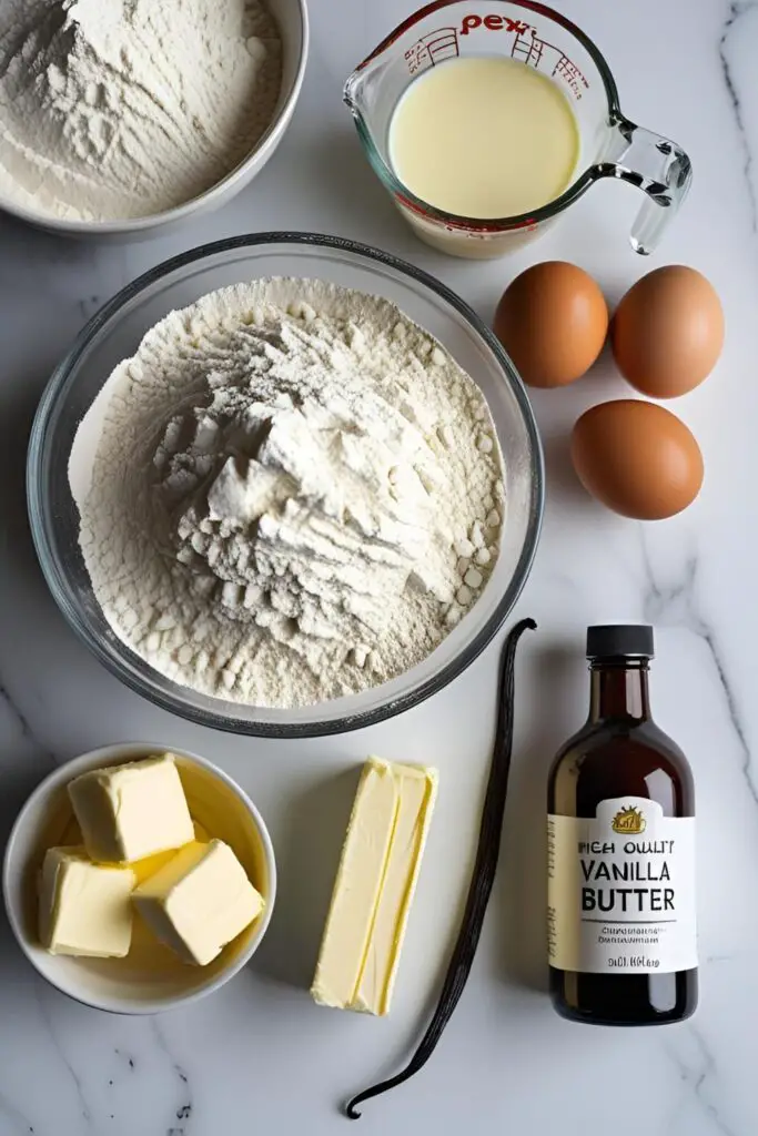 A bright, clean flat-lay of ingredients for a from-scratch vanilla cake, including cake flour, buttermilk, eggs, and a bottle of vanilla extract.