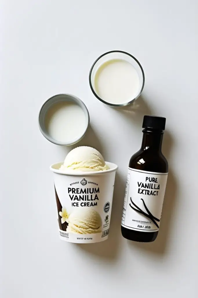 The three simple ingredients for making a classic vanilla milkshake: a pint of vanilla ice cream, milk, and vanilla extract.