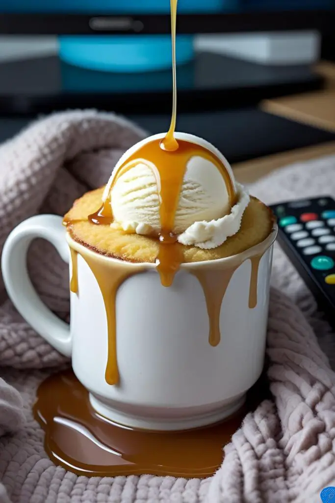 A vanilla mug cake topped with a melting scoop of vanilla ice cream and caramel sauce, ready to be eaten.