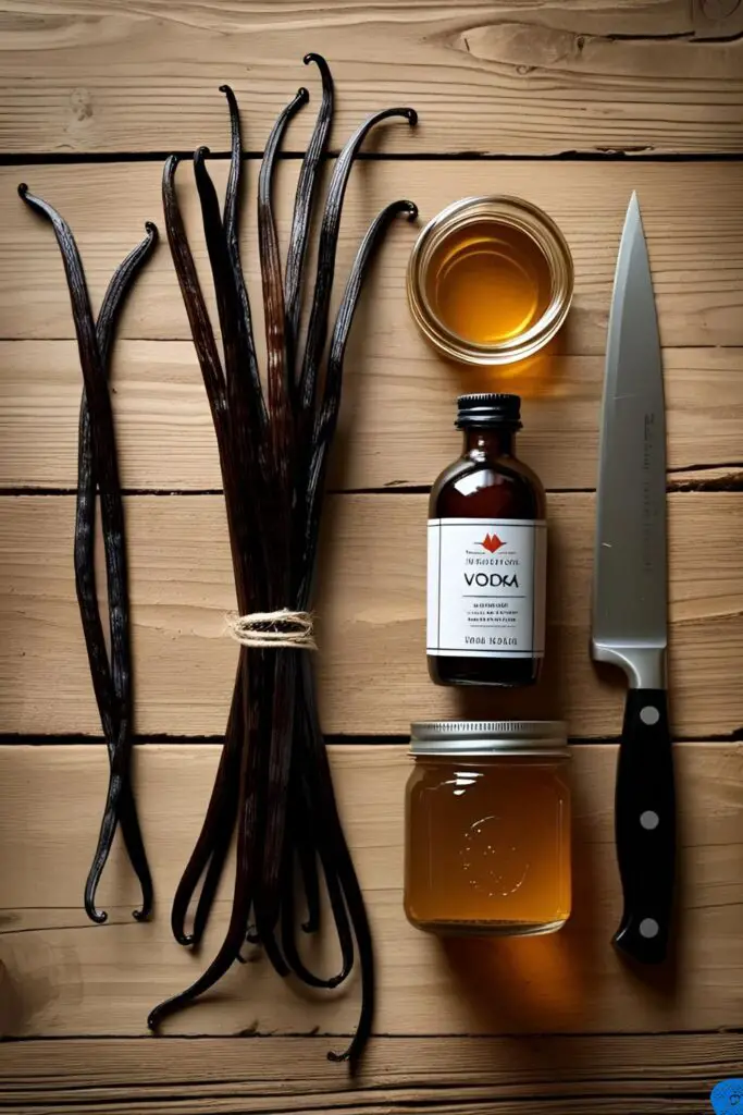  Ingredients for making homemade vanilla paste, including vanilla beans, vodka, and agave nectar, arranged in a rustic flat lay.