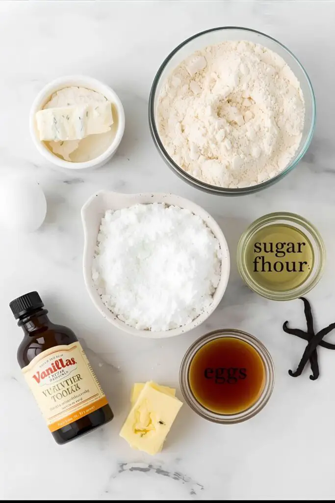 A clean, minimalist flat lay of ingredients for pure vanilla cookies: high-quality butter, sugar, flour, eggs, and a bottle of pure vanilla extract with a vanilla bean next to it, on a light marble surface