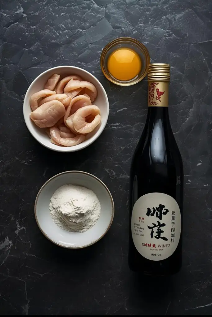 The simple ingredients needed for the velvet chicken technique: chicken, egg white, cornstarch, and Shaoxing wine.