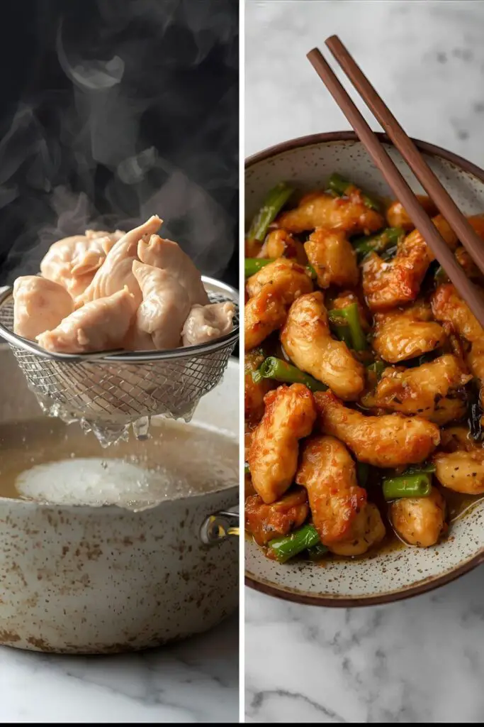 The process of velveting chicken, showing it being blanched in water and the final tender result in a stir-fry dish.