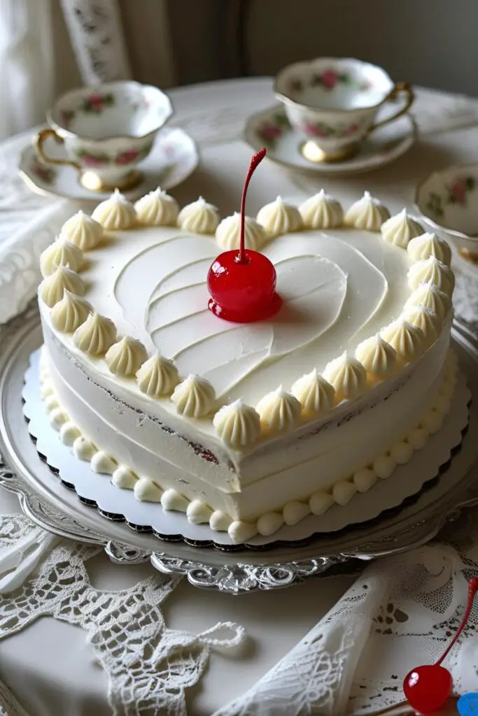  A full view of a heart-shaped white vintage cake with elaborate piping, set on a romantically styled table.