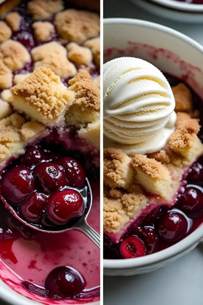 Two images of a cherry dump cake: a close-up of the gooey texture, and a bowl of it served warm with a scoop of melting vanilla ice cream.