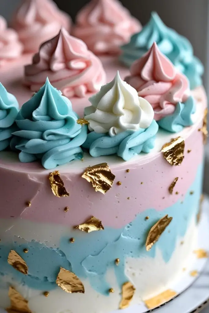 A close-up shot of a birthday cake decorated with a beautiful watercolor buttercream effect in pastel pinks and blues, topped with gold leaf.