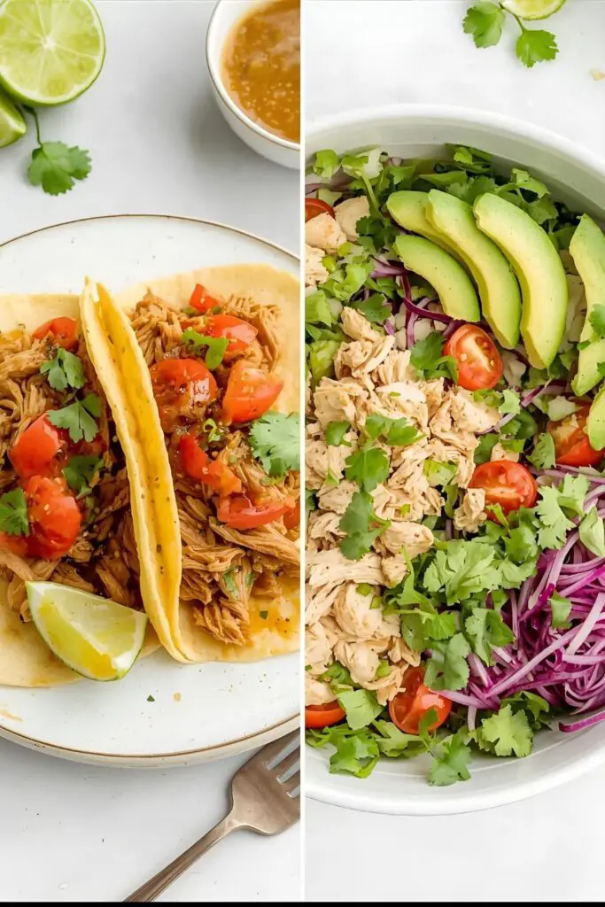 Two different dishes featuring crockpot shredded chicken: tacos and a salad.