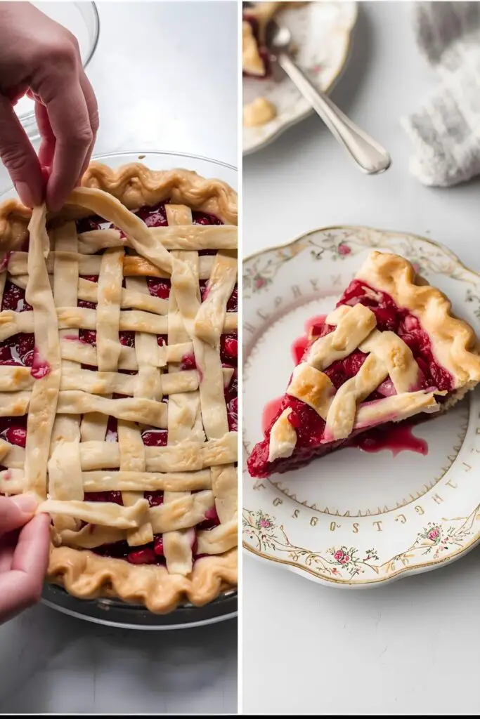 The process of weaving a lattice pie crust and a delicious slice of the finished pie, showing the perfect bake.