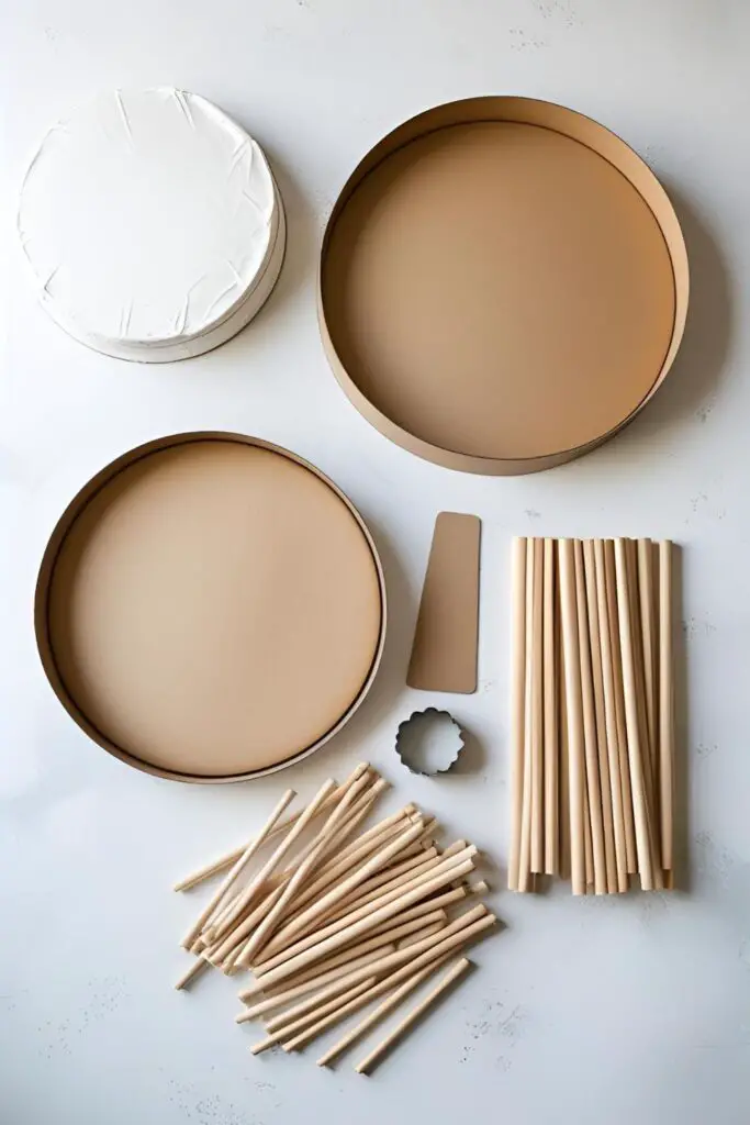 A flat lay of the essential tools for supporting a wedding cake: a cake drum, a cake board, and wooden dowels.