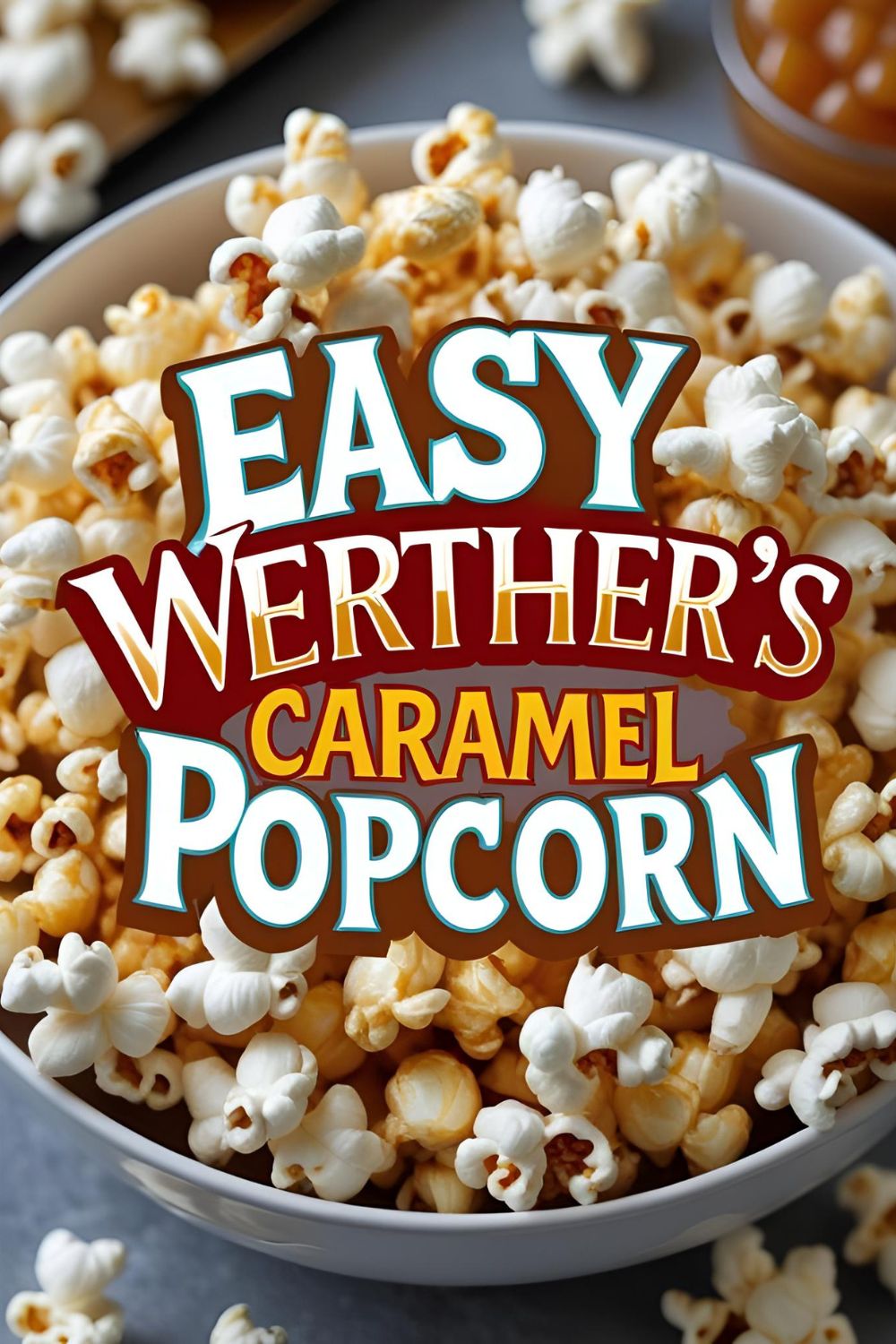 "EASY WERTHER'S CARAMEL POPCORN" on a mouth-watering image of a bowl of the finished popcorn.