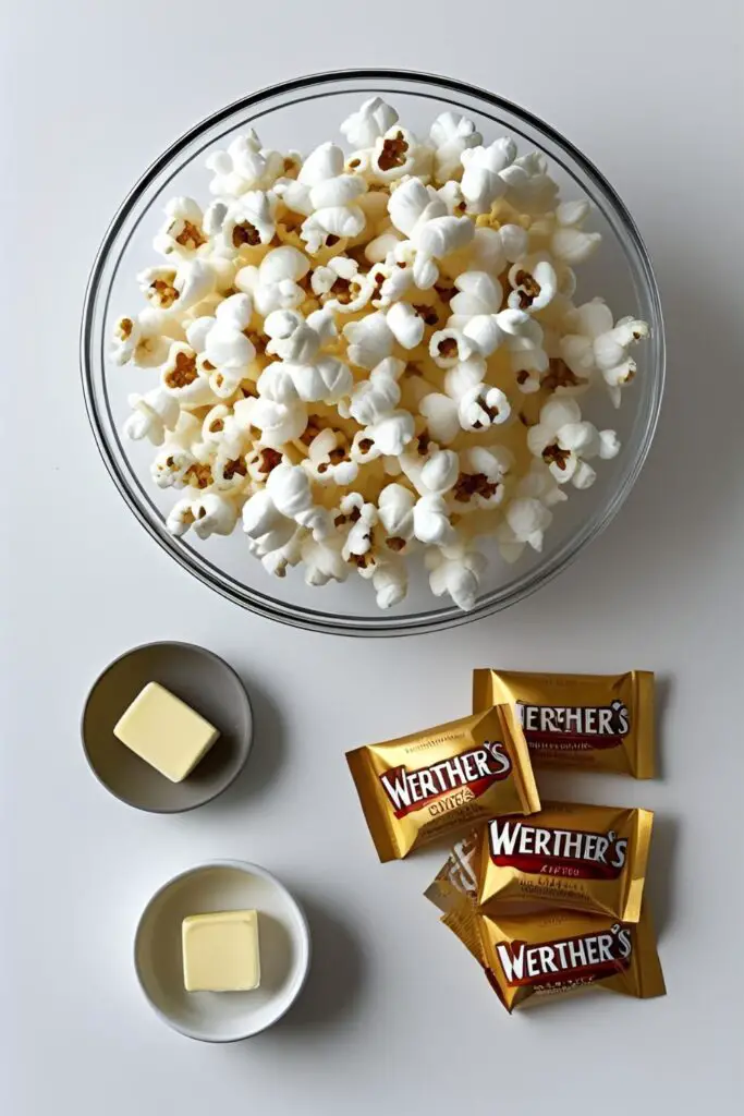 A simple flat lay of ingredients for Werther's caramel popcorn: a bowl of popcorn, a pile of unwrapped Werther's Original hard candies, butter, and salt on a clean background.