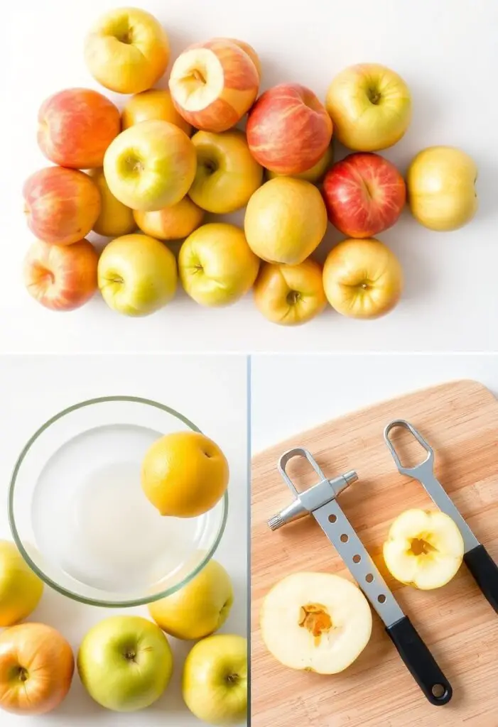 The ingredients and tools needed to freeze apples: fresh apples, a lemon, a bowl of water, a peeler, and a corer.