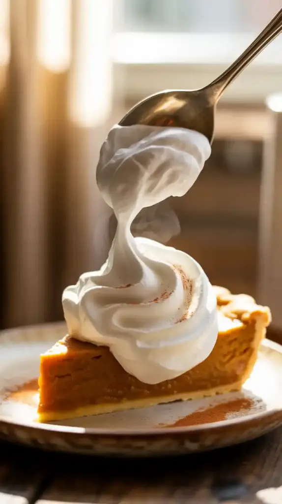 A generous dollop of fresh homemade whipped cream being placed on top of a warm slice of pumpkin pie.