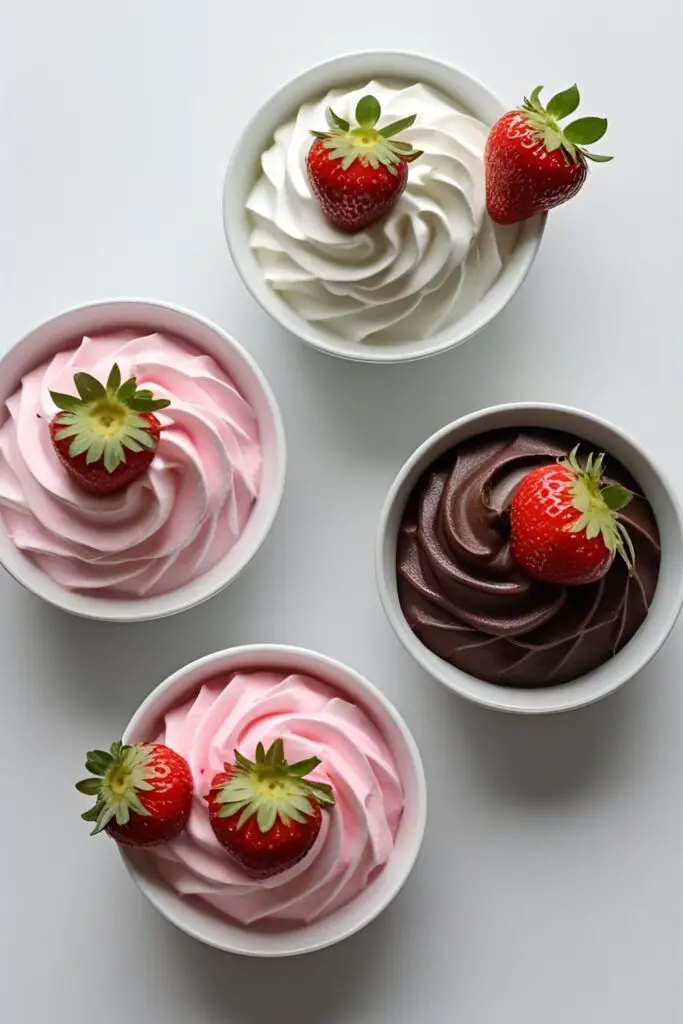 "A flat lay image displaying three bowls of whipped milk cream in vanilla, strawberry, and chocolate flavors, garnished with fresh fruit and chocolate."