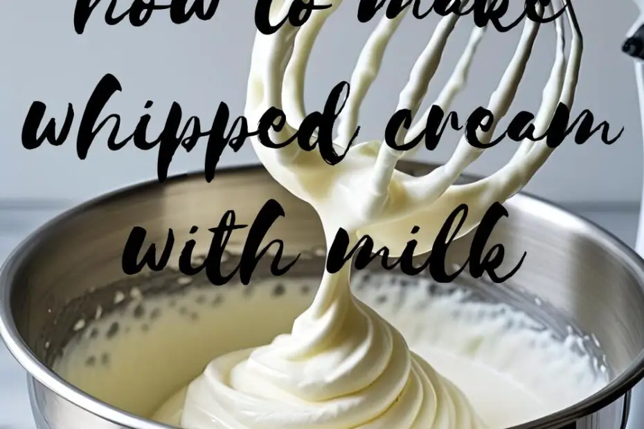 An electric hand mixer whipping whole milk in a metal bowl, capturing the motion as it transforms into light and airy whipped cream."