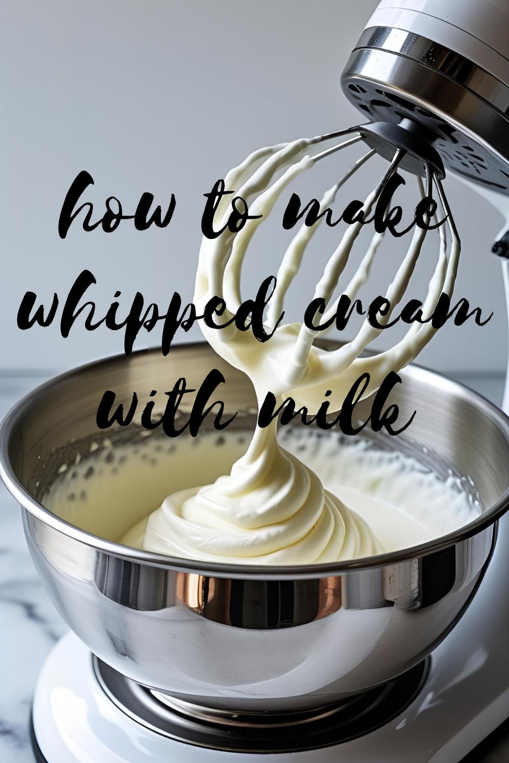 An electric hand mixer whipping whole milk in a metal bowl, capturing the motion as it transforms into light and airy whipped cream."
