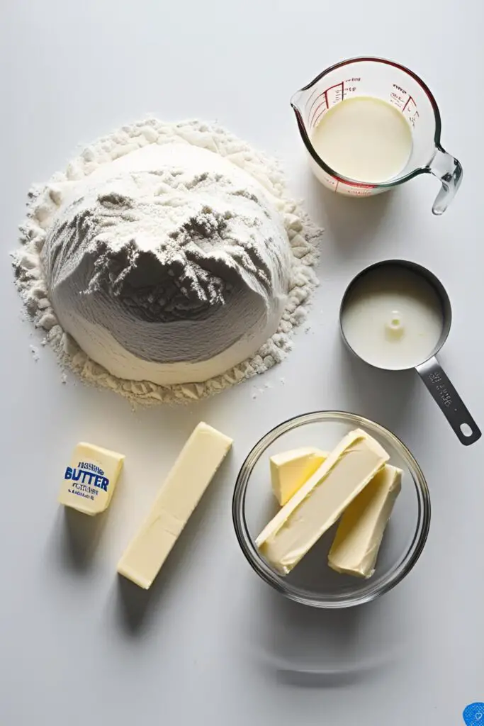 Ingredients for a classic white cake recipe from scratch, including cake flour, egg whites, and buttermilk, arranged in a neat flat lay.