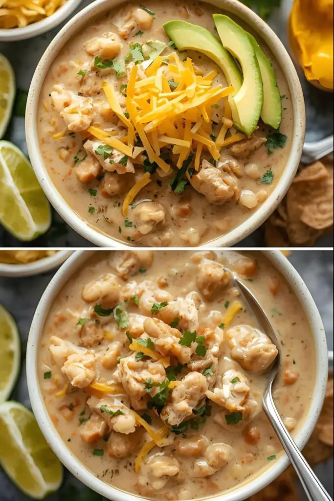 Two bowls of white chicken chili with different garnishes, one close-up showing the creamy texture.