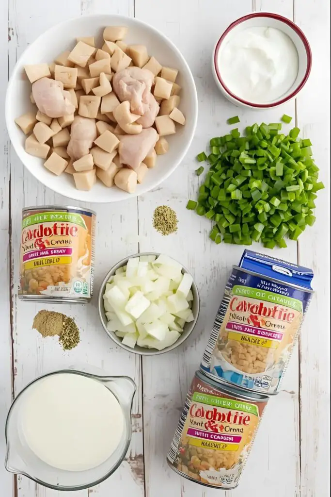 A flat lay of ingredients for white chicken chili: chicken breasts, white beans, onion, green bell pepper, green chiles, chicken broth, sour cream, and spices.