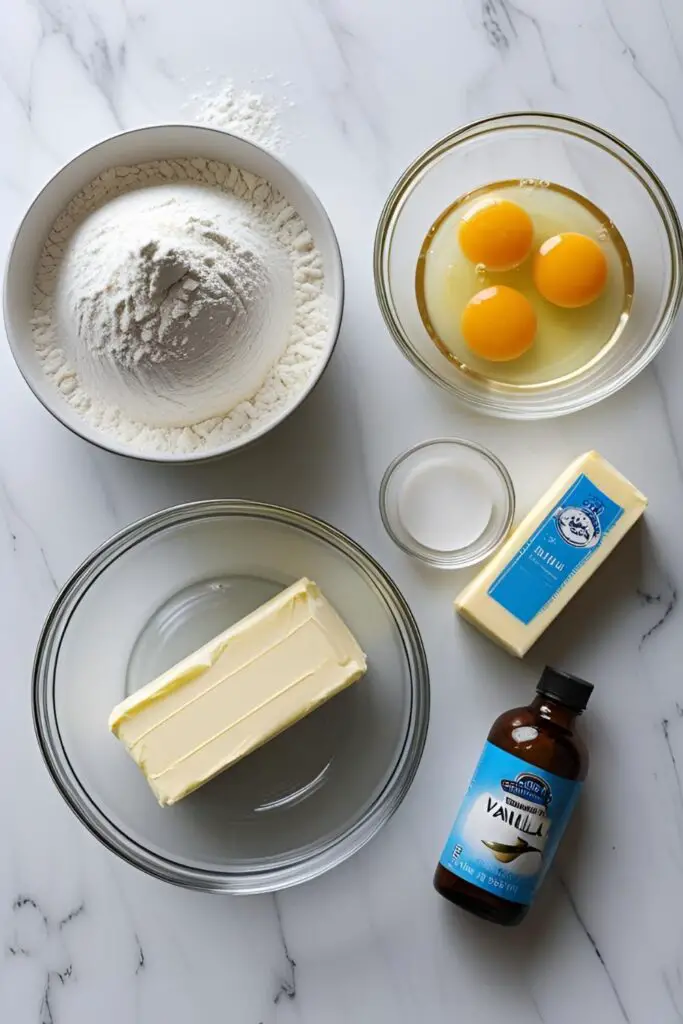 A flat lay of ingredients for a white velvet christening cake, including cake flour, egg whites, and blue food coloring.