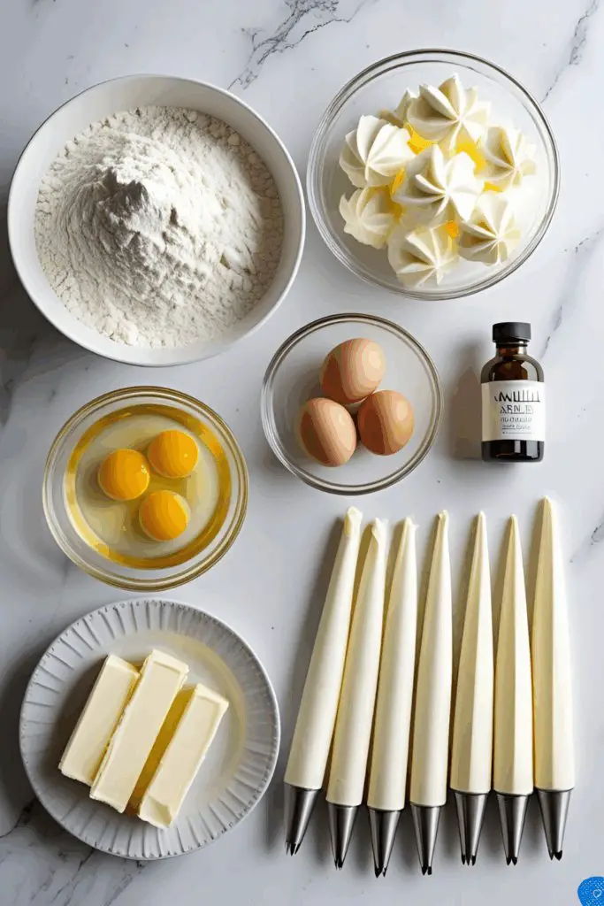  Ingredients for a white vintage cake, including cake flour, egg whites, clear vanilla, and piping tips, arranged in a flat lay.