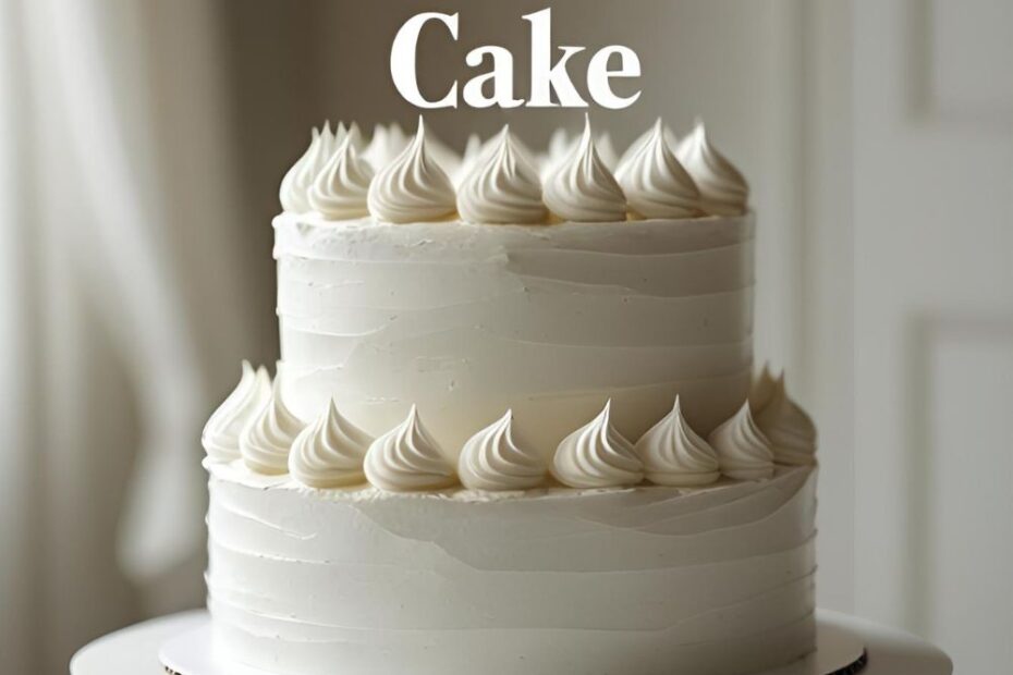 An elegant white vintage cake decorated with intricate buttercream piping, ruffles, and pearls, shown on a white cake stand.